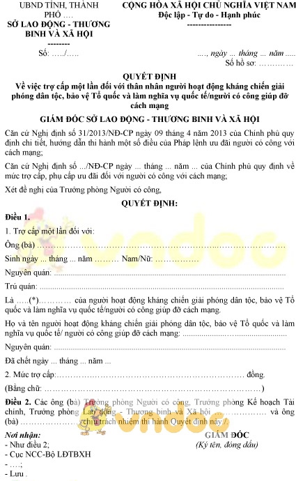 Mẫu quyết định trợ cấp một lần đối với thân nhân người hoạt động kháng chiến