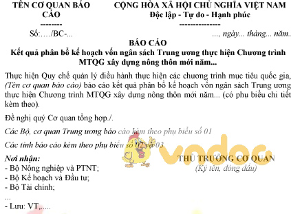 Mẫu báo cáo kết quả phân bổ kế hoạch vốn ngân sách Trung ương thực hiện chương trình