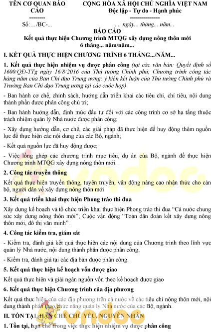Mẫu báo cáo kết quả thực hiện chương trình của các Bộ, cơ quan Trung ương