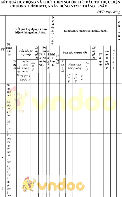 Mẫu kết quả huy động và thực hiện nguồn lực đầu tư xây dựng nông thôn mới