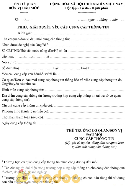 Mẫu phiếu giải quyết yêu cầu cung cấp thông tin