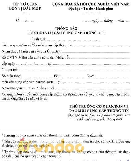 Mẫu thông báo từ chối yêu cầu cung cấp thông tin