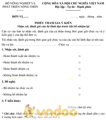 Mẫu phiếu tham gia ý kiến nhận xét, đánh giá cán bộ lãnh đạo trước khi bổ nhiệm lại