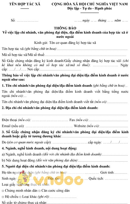 Mẫu thông báo lập chi nhánh, địa điểm kinh doanh của hợp tác xã ở nước ngoài