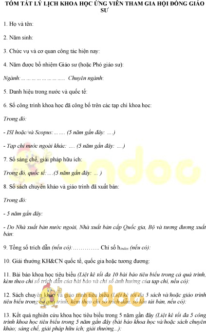 Mẫu bản tóm tắt lý lịch khoa học ứng viên tham gia hội đồng giáo sư