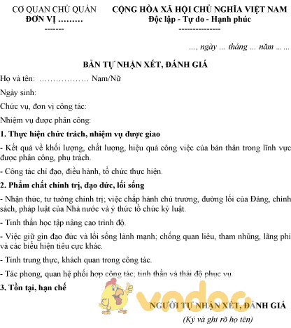Mẫu bản tự nhận xét, đánh giá