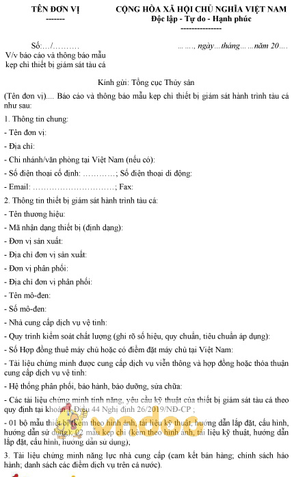 Mẫu báo cáo và thông báo mẫu kẹp chì thiết bị giám sát tàu cá