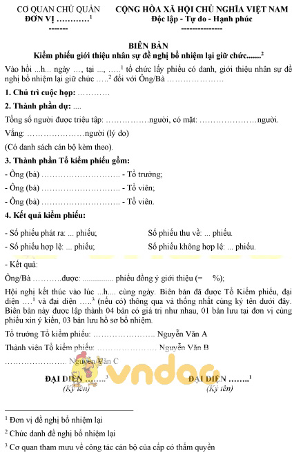 Mẫu biên bản kiểm phiếu giới thiệu nhân sự đề nghị bổ nhiệm lại giữ chức vụ