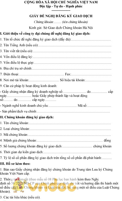 Mẫu giấy đề nghị đăng ký giao dịch chứng khoán