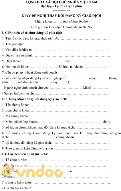 Mẫu giấy đề nghị thay đổi đăng ký giao dịch
