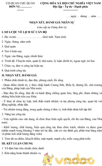 Mẫu nhận xét, đánh giá nhân sự của cấp ủy Đảng đơn vị