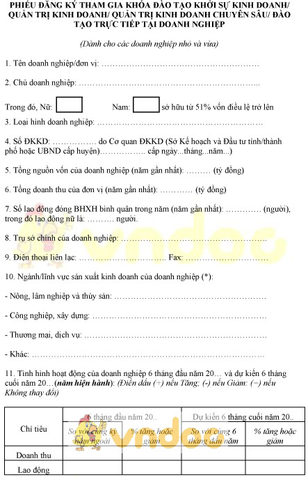 Mẫu phiếu đăng ký tham gia khóa đào tạo khởi sự kinh doanh