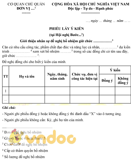 Mẫu phiếu lấy ý kiến giới thiệu nhân sự đề nghị bổ nhiệm giữ chức