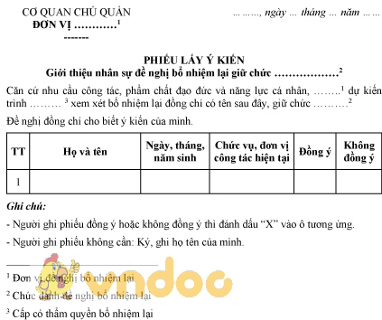 Mẫu phiếu lấy ý kiến giới thiệu nhân sự đề nghị bổ nhiệm lại giữ chức vụ