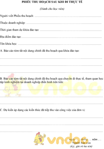 Mẫu phiếu thu hoạch sau khi đi thực tế dành cho học viên