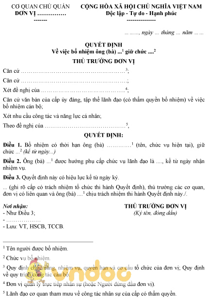 Mẫu quyết định bổ nhiệm giữ chức vụ