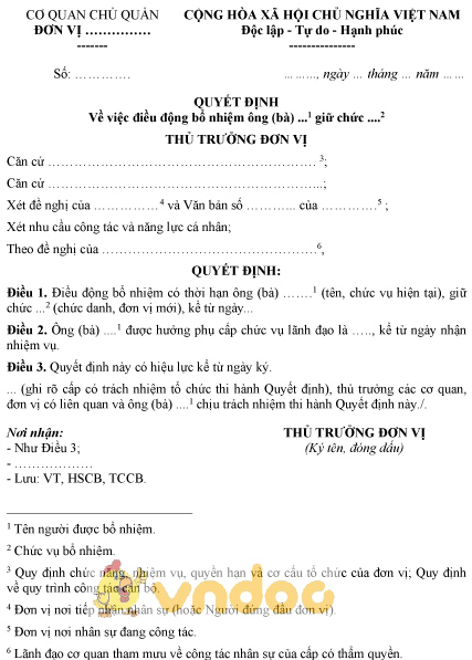 Mẫu quyết định điều động bổ nhiệm giữ chức vụ