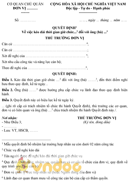 Mẫu quyết định kéo dài thời gian giữ chức vụ