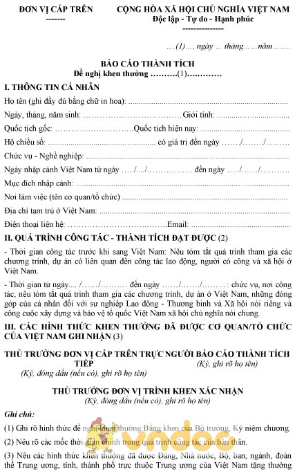 Mẫu báo cáo thành tích đề nghị tặng bằng khen của Bộ trưởng cho cá nhân nước ngoài