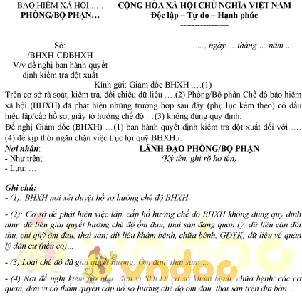 Mẫu 01A-HSB: Đề nghị ban hành quyết định kiểm tra đột xuất