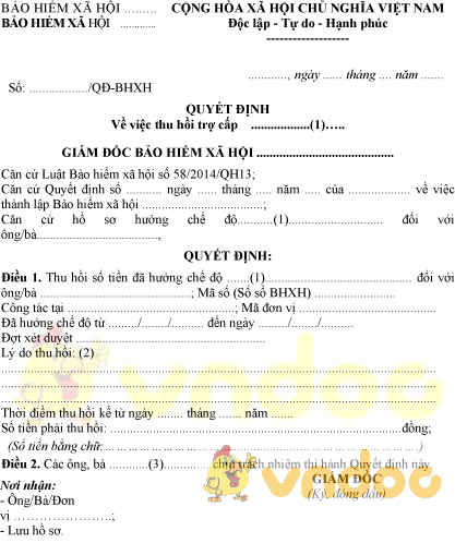 Mẫu 01C-HSB: Quyết định thu hồi trợ cấp