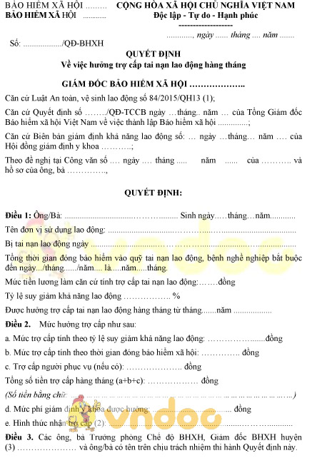 Mẫu 03A-HSB: Quyết định hưởng trợ cấp tai nạn lao động hàng tháng