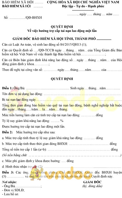 Mẫu 03B-HSB: Quyết định hưởng trợ cấp tai nạn lao động một lần