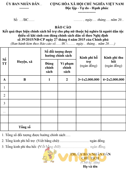 Mẫu báo cáo kết quả thực hiện chính sách hỗ trợ phụ nữ thuộc hộ nghèo khi sinh con