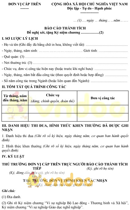 Mẫu báo cáo thành tích đề nghị tặng kỷ niệm chương cho người Việt Nam