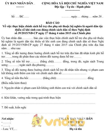 Mẫu báo cáo thực hiện chính sách hỗ trợ phụ nữ thuộc hộ nghèo là người dân tộc khi sinh con