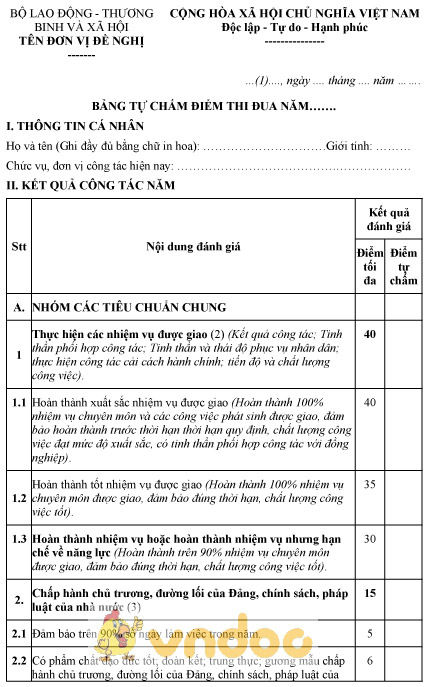 Mẫu chấm điểm thi đua tổng kết năm đối với cá nhân