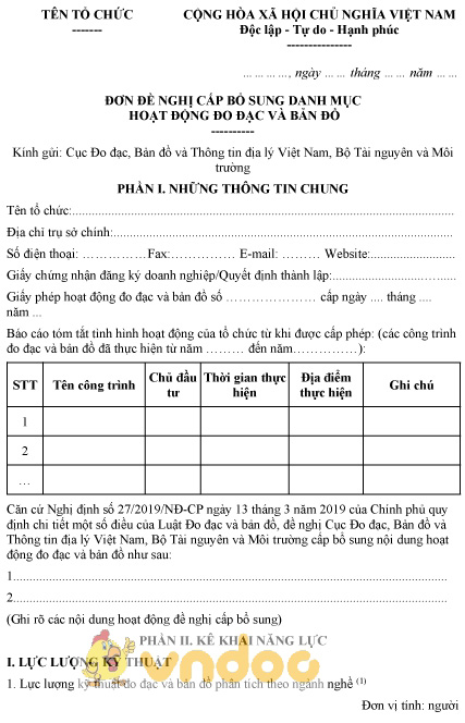 Mẫu đơn đề nghị cấp bổ sung danh mục hoạt động đo đạc và bản đồ