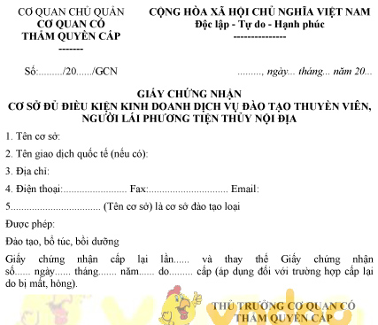 Mẫu giấy chứng nhận cơ sở đủ điều kiện kinh doanh dịch vụ đào tạo thuyền viên