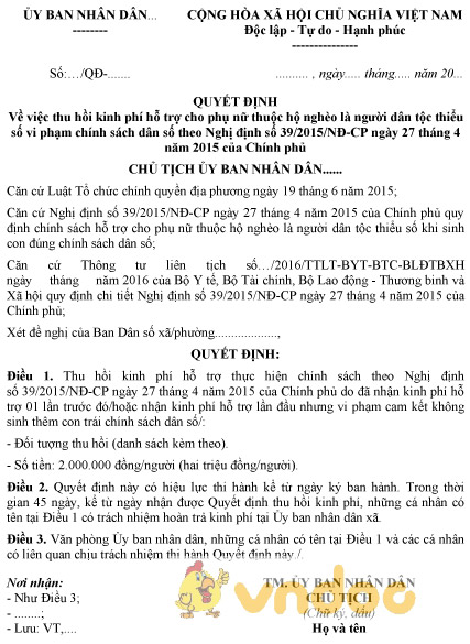 Mẫu quyết định thu hồi kinh phí hỗ trợ phụ nữ thuộc hộ nghèo là người dân tộc khi sinh con