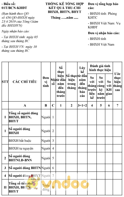 Mẫu số 01T/BCN-KHĐT: Thống kê tổng hợp kết quả thu chi bảo hiểm