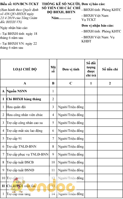 Mẫu số 03N/BCN-TCKT: Thống kê số người, số tiền chi các chế độ BHXH, BHTN