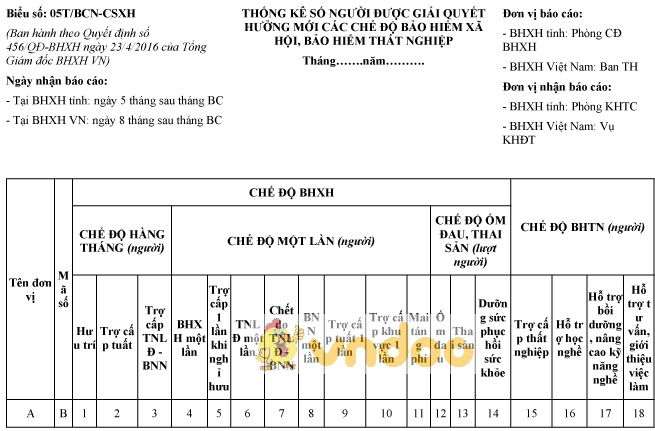 Mẫu số 05T/BCN-CSXH: Thống kê số người được giải quyết hưởng mới các chế bộ bảo hiểm
