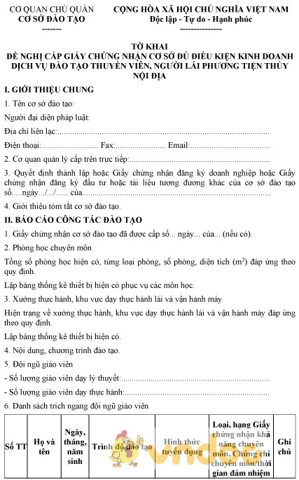 Mẫu tờ khai đề nghị cấp GCN cơ sở đủ điều kiện kinh doanh dịch vụ đào tạo thuyền viên