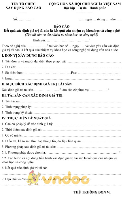 Mẫu báo cáo kết quả xác định giá trị tài sản là kết quả của nhiệm vụ khoa học và công nghệ