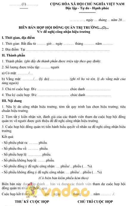 Mẫu biên bản họp hội đồng quản trị trường đề nghị công nhận hiệu trưởng