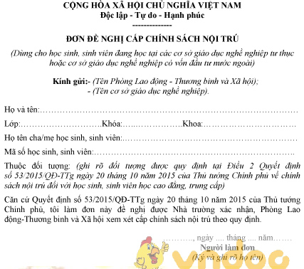 Mẫu đơn đề nghị cấp chính sách nội trú cho học sinh, sinh viên học tại cơ sở giáo dục tư thục