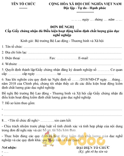 Mẫu đơn đề nghị cấp GCN đủ điều kiện hoạt động kiểm định chất lượng giáo dục nghề nghiệp