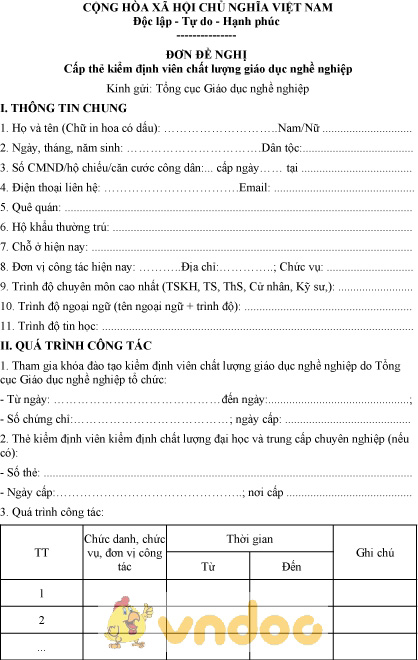 Mẫu đơn đề nghị cấp thẻ kiểm định viên chất lượng giáo dục nghề nghiệp