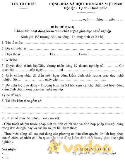 Mẫu đơn đề nghị chấm dứt hoạt động kiểm định chất lượng giáo dục nghề nghiệp