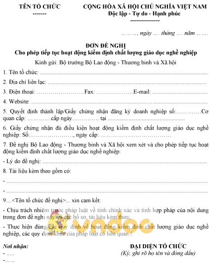 Mẫu đơn đề nghị cho phép tiếp tục hoạt động kiểm định chất lượng giáo dục nghề nghiệp