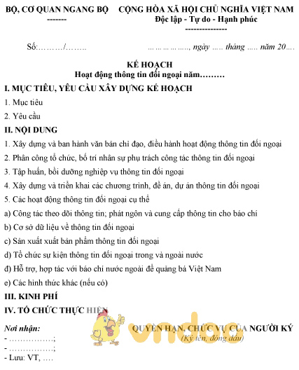 Mẫu kế hoạch hoạt động thông tin đối ngoại