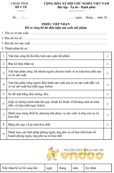 Mẫu phiếu tiếp nhận hồ sơ công bố đủ điều kiện sản xuất chế phẩm