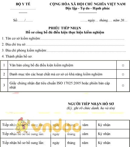 Mẫu phiếu tiếp nhận hồ sơ công bố đủ điều kiện thực hiện kiểm nghiệm