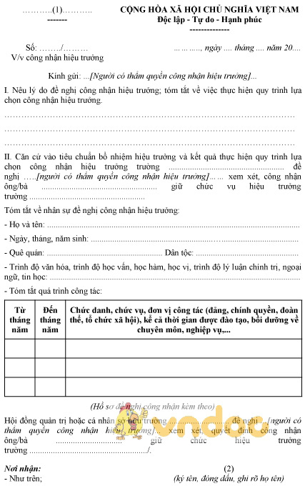 Mẫu văn bản đề nghị công nhận hiệu trưởng