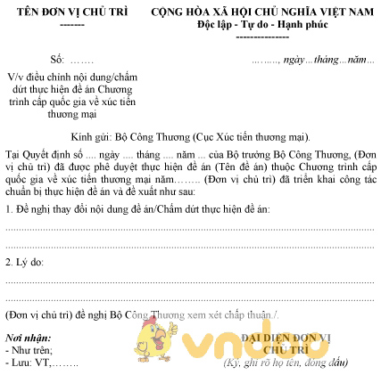 Mẫu văn bản đề nghị điều chỉnh, thay đổi nội dung, chấm dứt thực hiện đề án